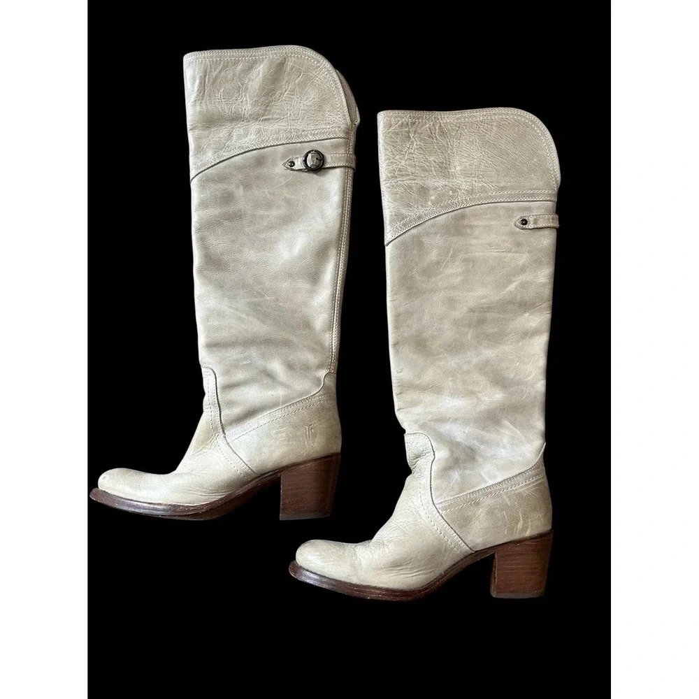 Frye Jane Tall Cuff OTK Boots Leather Fold Over Beige Sz 7.5B $390
